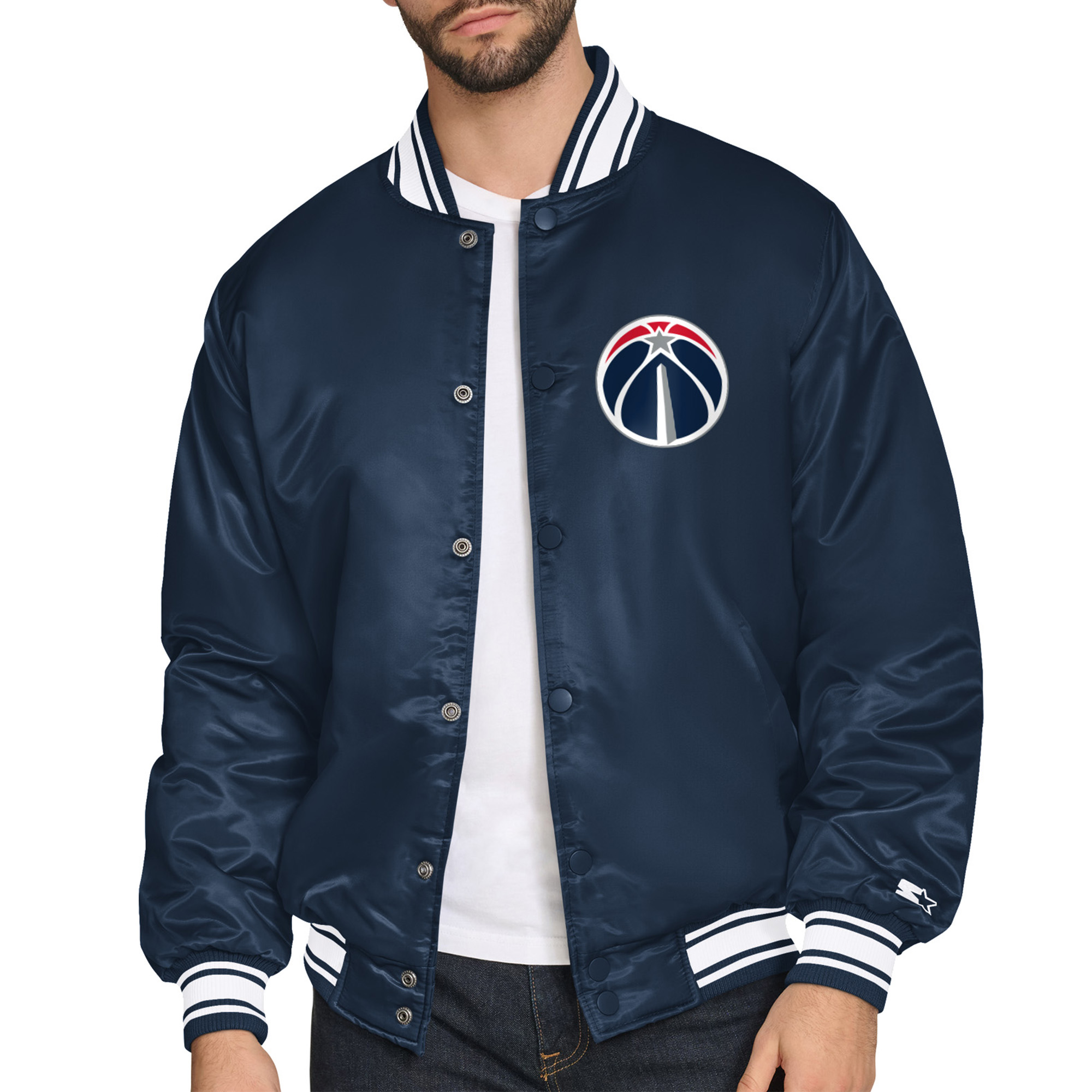Men's Starter Navy Washington Wizards Printed Team Logo Satin Varsity Full-Snap Jacket