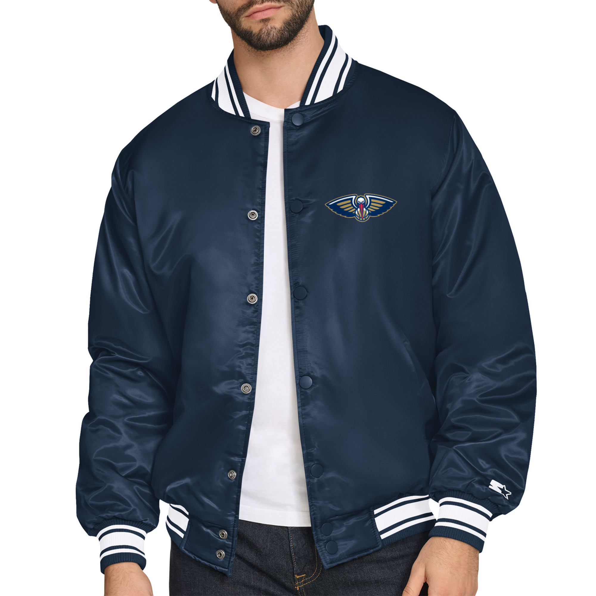 Men's Starter Navy New Orleans Pelicans Printed Team Logo Satin Varsity Full-Snap Jacket