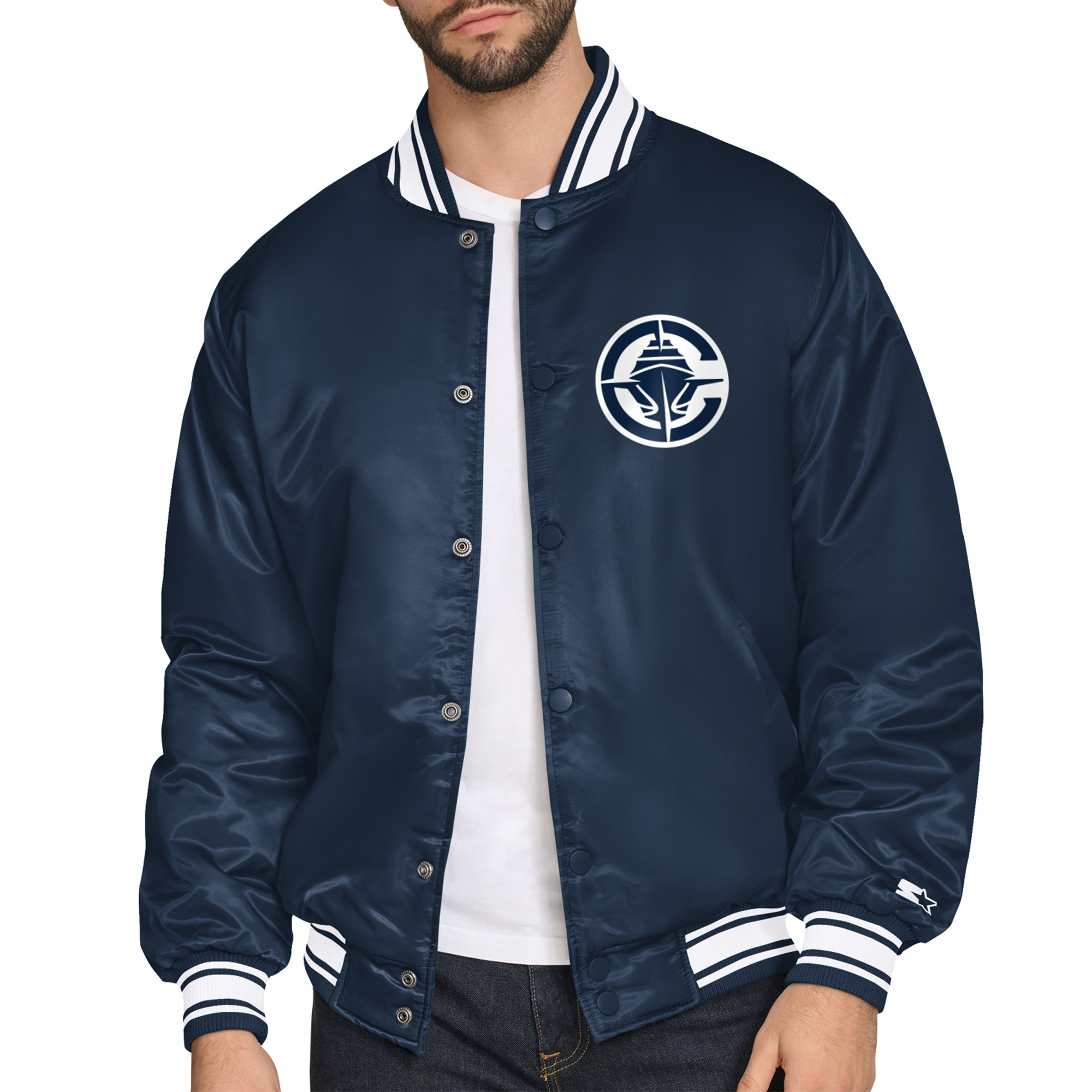 Men's Starter Navy LA Clippers Printed Team Logo Satin Varsity Full-Snap Jacket