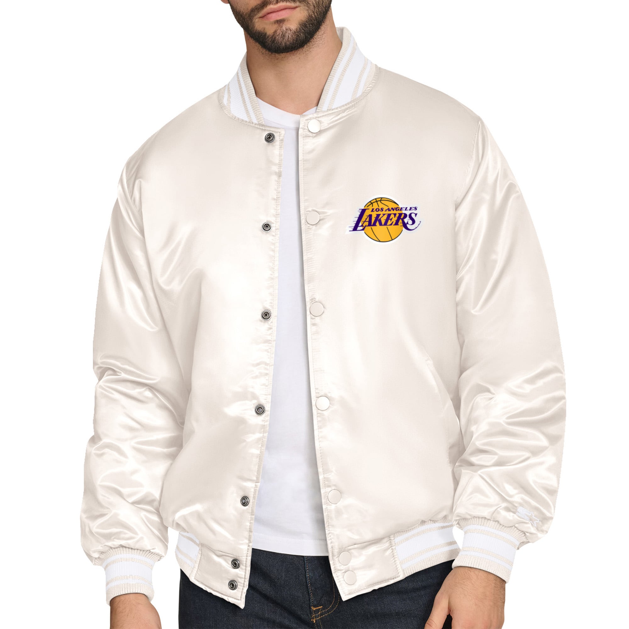 Men's Starter Cream Los Angeles Lakers Double Team Satin Varsity Full-Snap Jacket