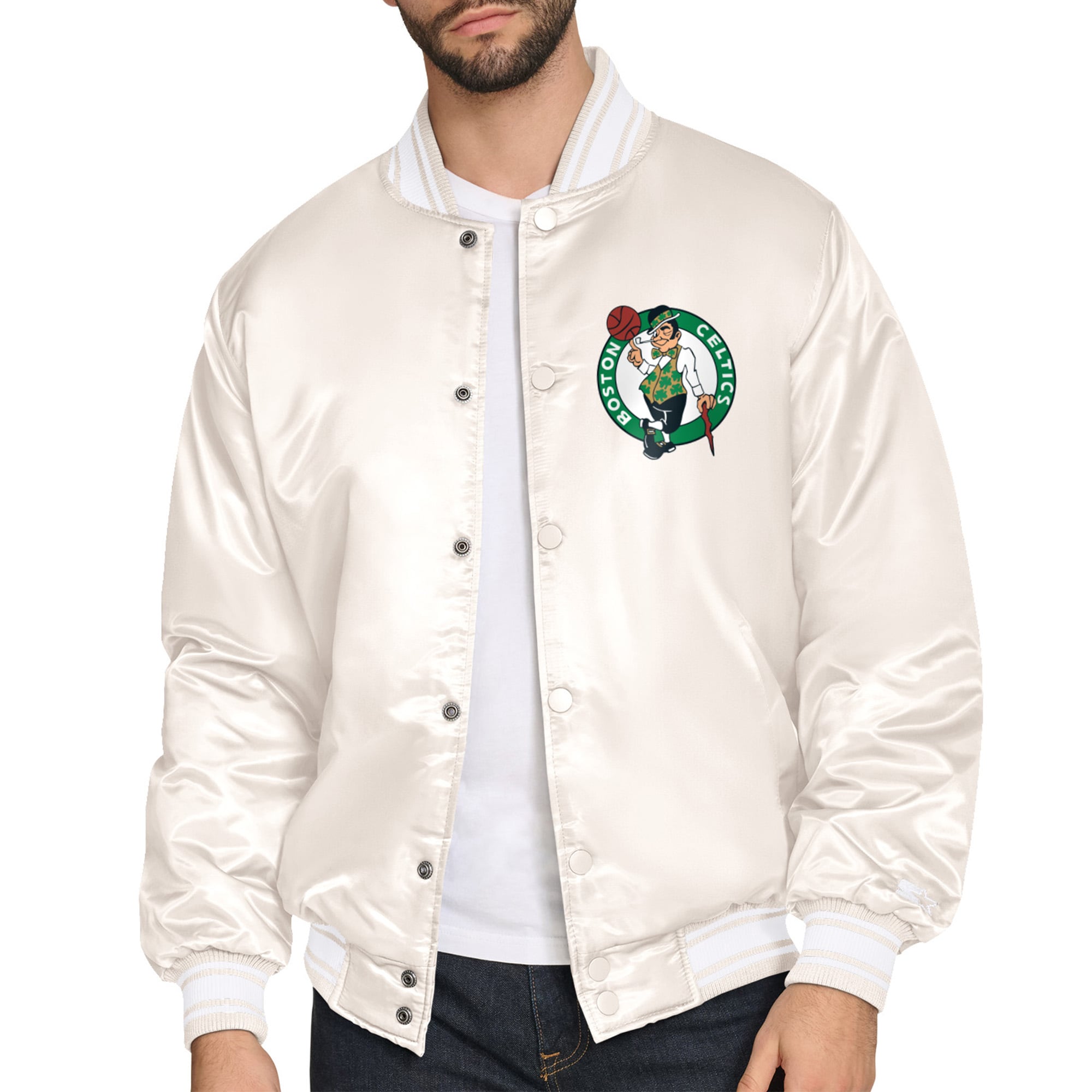 Men's Starter Cream Boston Celtics Double Team Satin Varsity Full-Snap Jacket