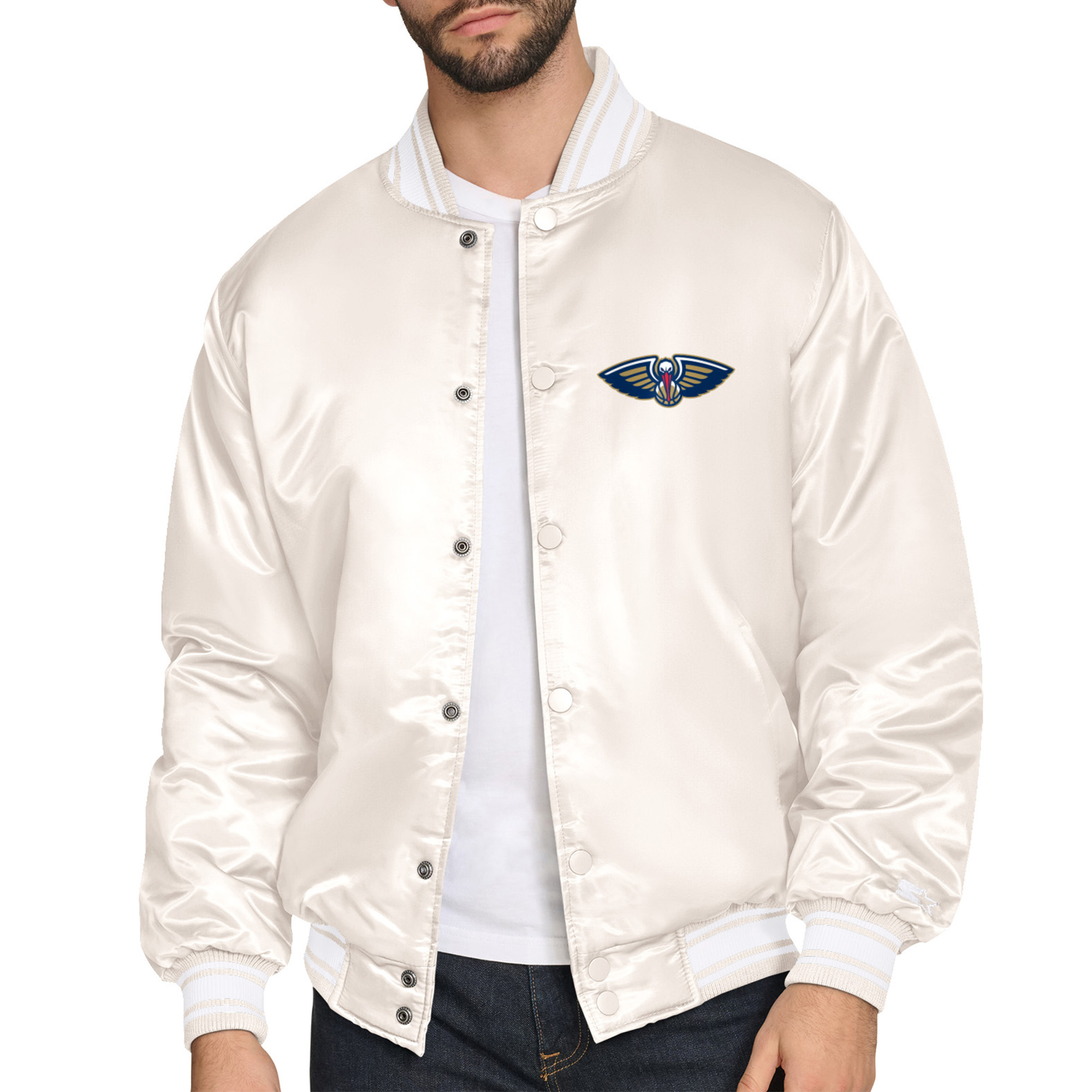 Men's Starter Cream New Orleans Pelicans Double Team Satin Varsity Full-Snap Jacket