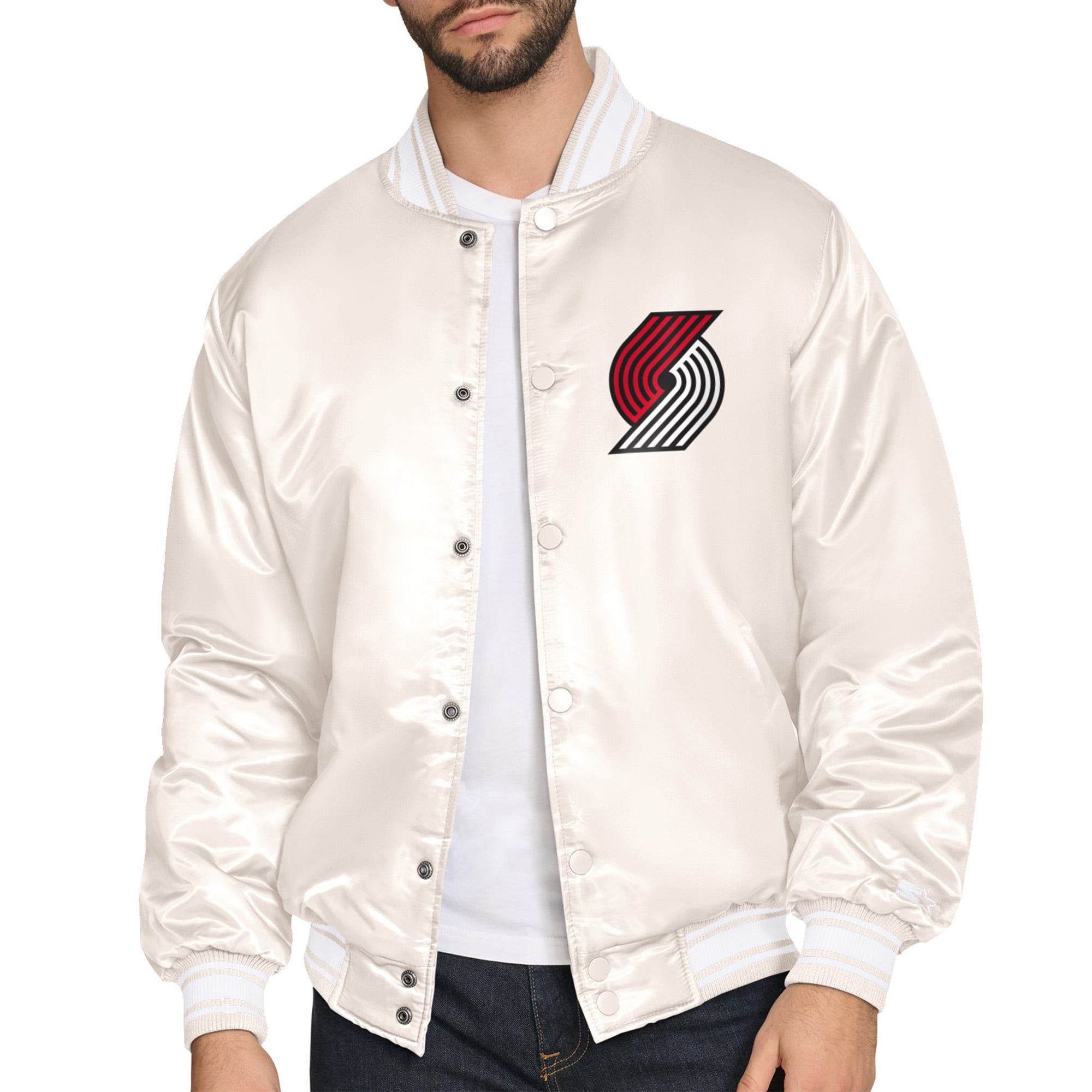 Men's Starter Cream Portland Trail Blazers Double Team Satin Varsity Full-Snap Jacket