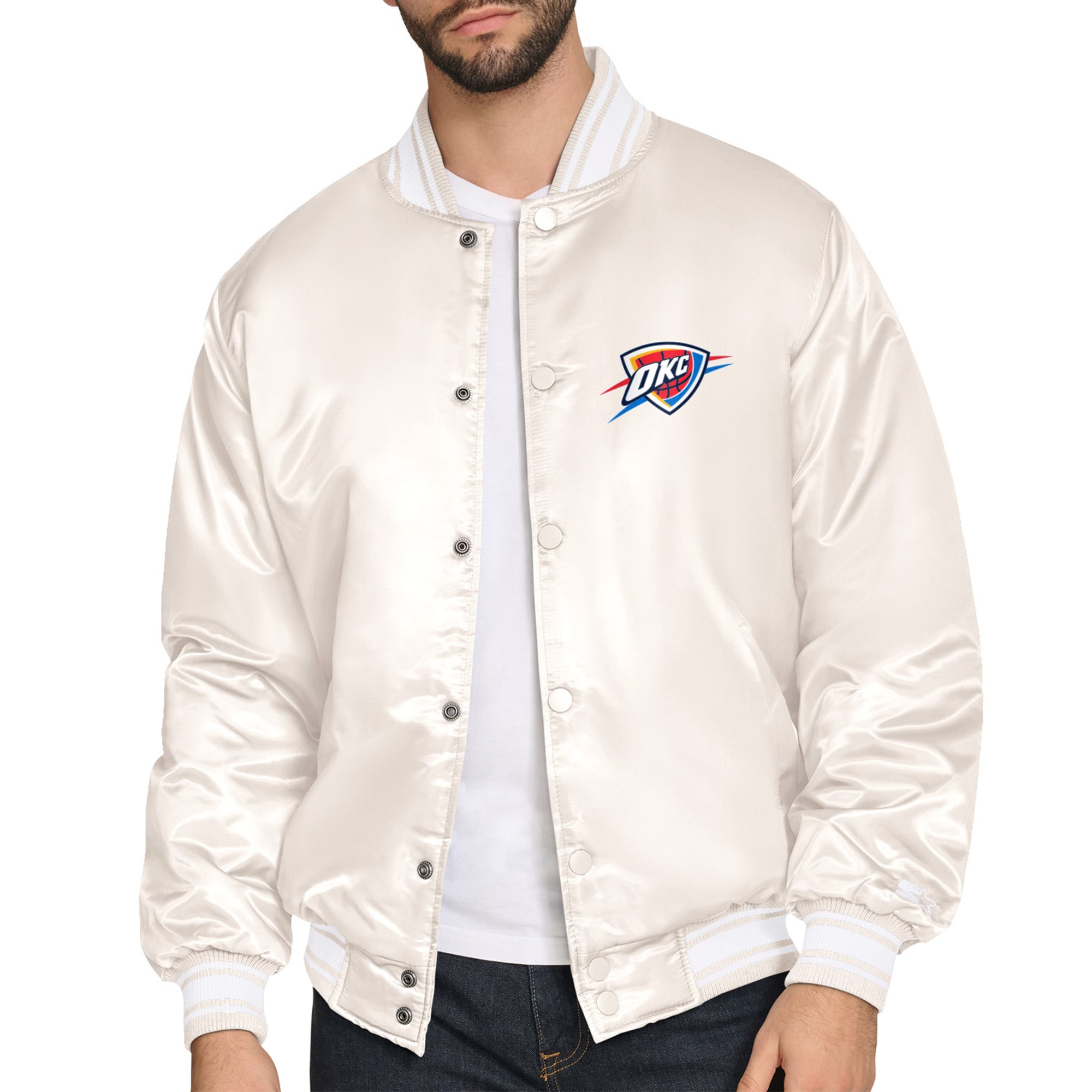 Men's Starter Cream Oklahoma City Thunder Double Team Satin Varsity Full-Snap Jacket