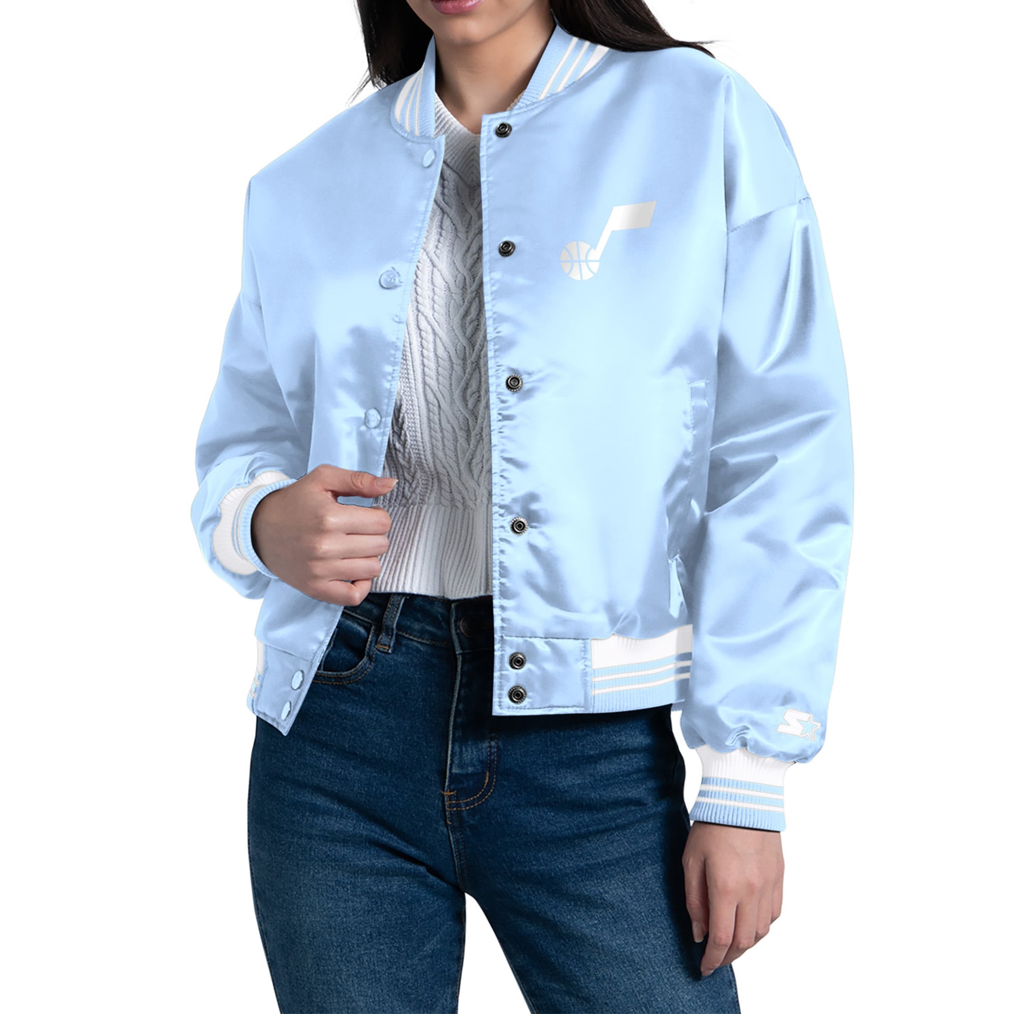 Women's Starter Light Blue Utah Jazz Printed Script Cropped Satin Varsity Full-Snap Jacket