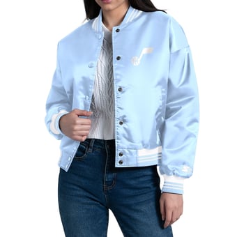 Women's Starter Light Blue Utah Jazz Printed Script Cropped Satin Varsity Full-Snap Jacket