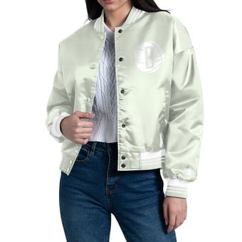 Women's Starter Green Brooklyn Nets Printed Script Cropped Satin Varsity Full-Snap Jacket