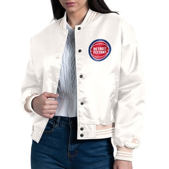 Women's Starter Cream Detroit Pistons Printed Logo Cropped Satin Varsity Full-Snap Jacket