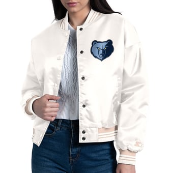 Women's Starter Cream Memphis Grizzlies Printed Logo Cropped Satin Varsity Full-Snap Jacket
