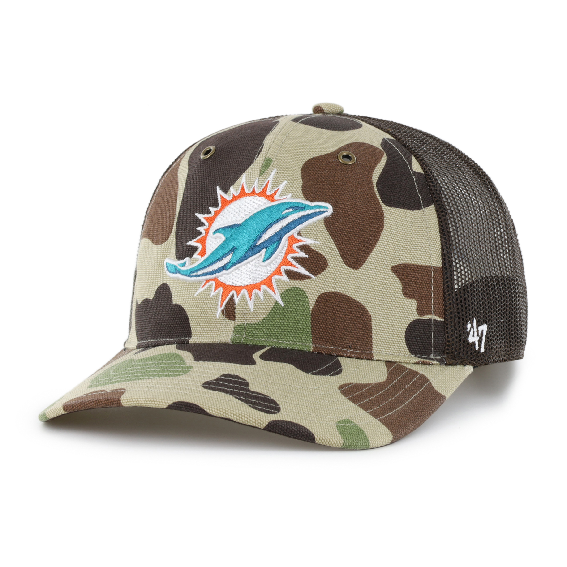 Men's Carhartt x '47 Duck Camo Miami Dolphins Adjustable Trucker Hat