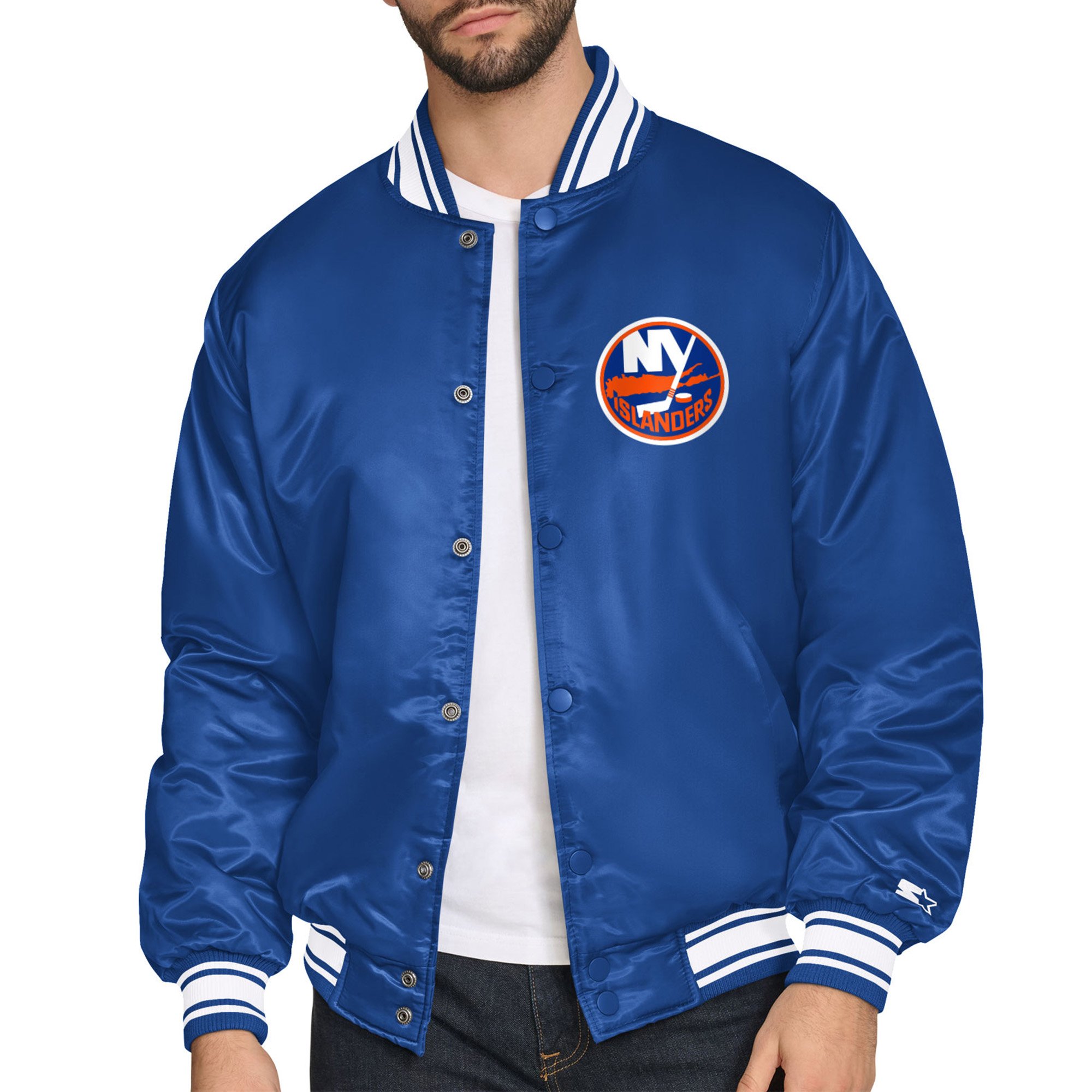 Men's Starter Royal New York Islanders Triangle Satin Varsity Full-Snap Jacket