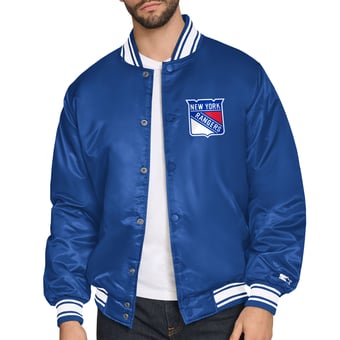 Men's Starter Blue New York Rangers Triangle Satin Varsity Full-Snap Jacket