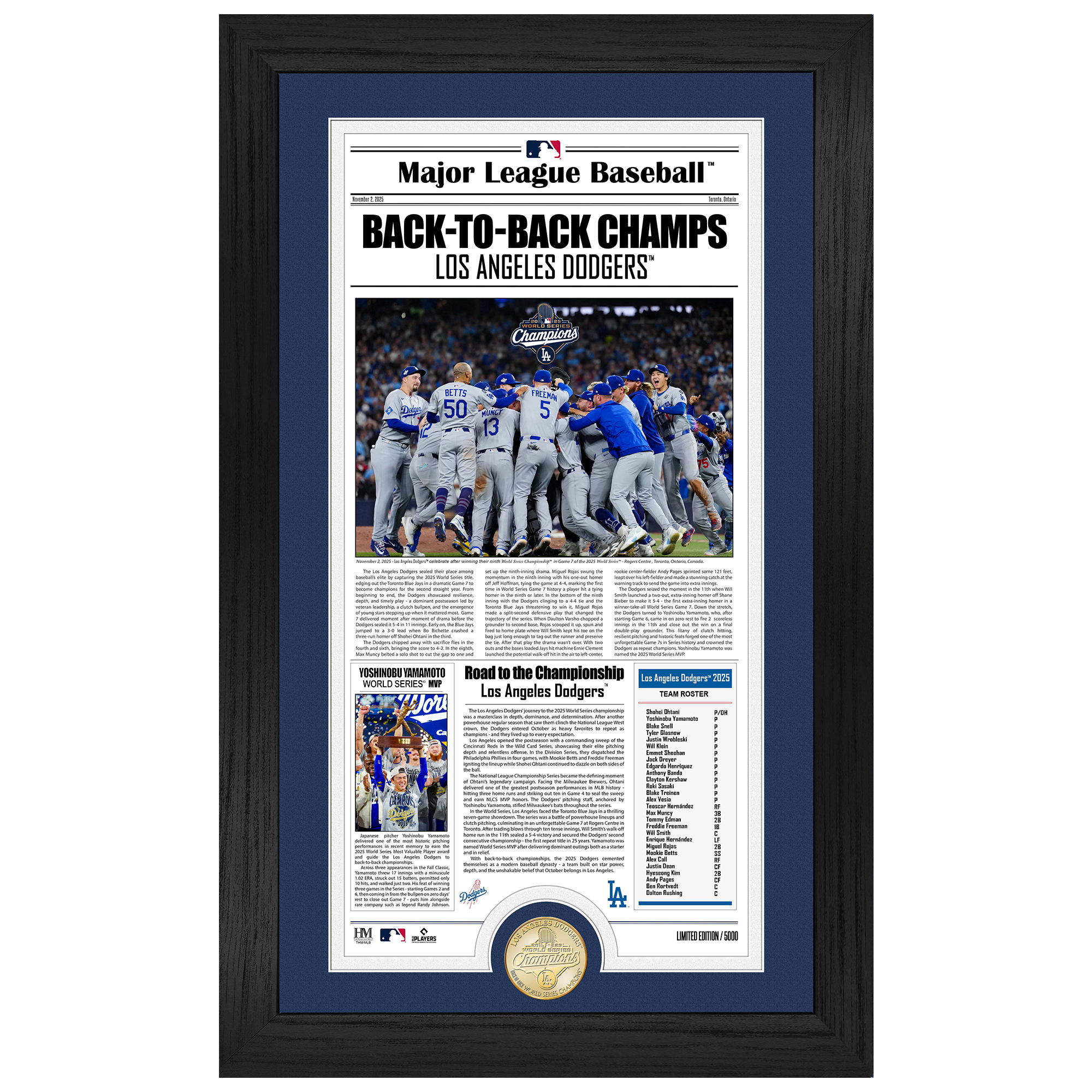 Highland Mint Los Angeles Dodgers Back-to-Back World Series Champions 12" x 20" Front Page News Cover Bronze Coin Photo Mint
