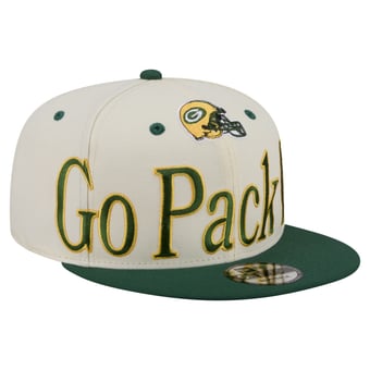 Men's New Era Cream Green Bay Packers Oversized Slogan 9FIFTY Snapback Hat