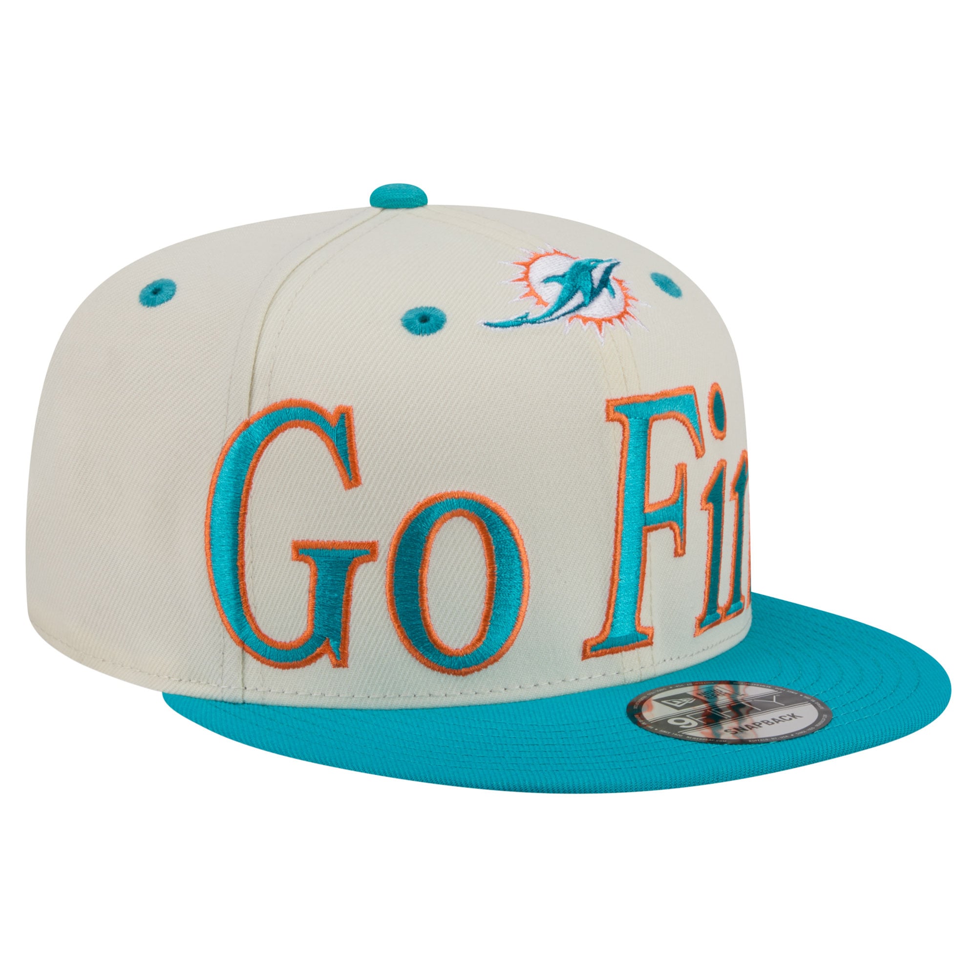 Men's New Era Cream Miami Dolphins Oversized Slogan 9FIFTY Snapback Hat