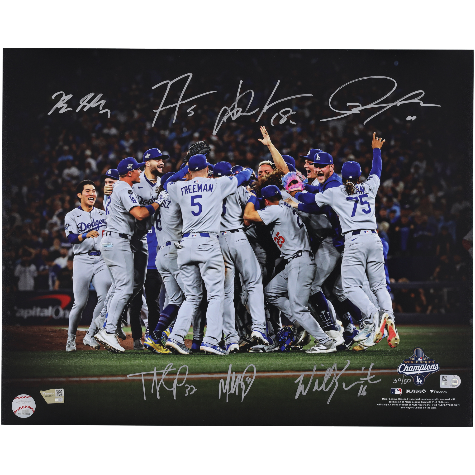 Los Angeles Dodgers 2025 World Series Champions Autographed 16" x 20" Celebration Photograph with 7 Signatures