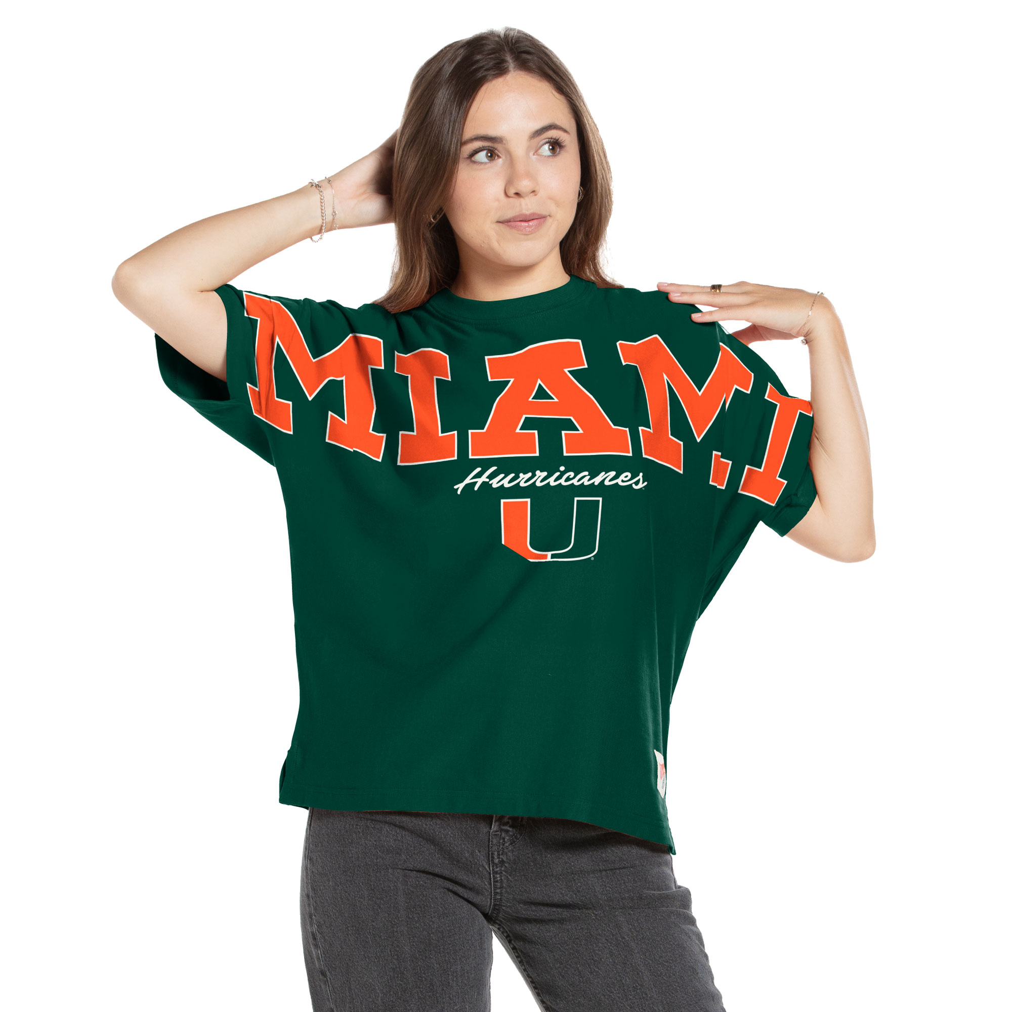 Women's Pressbox  Green Miami Hurricanes Flannigan Oversized T-Shirt
