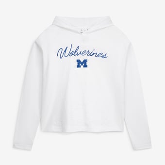 Women's Pressbox  White Michigan Wolverines Faye Long Sleeve Hooded Slub T-Shirt