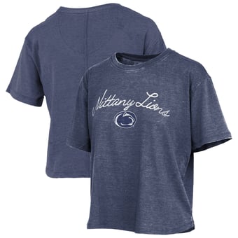 Women's Pressbox  Navy Penn State Nittany Lions Vintage Waist Length Script Over Logo T-Shirt
