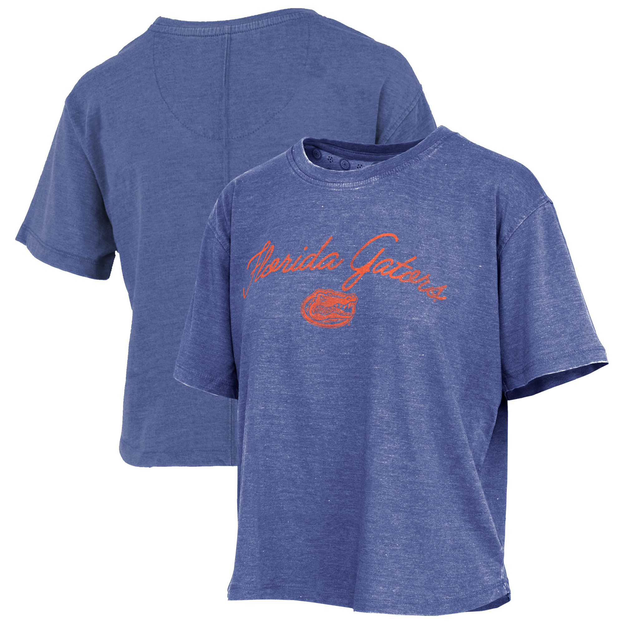 Women's Pressbox  Royal Florida Gators Vintage Waist Length Script Over Logo T-Shirt