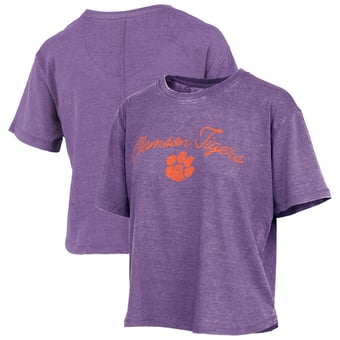 Women's Pressbox  Purple Clemson Tigers Vintage Waist Length Script Over Logo T-Shirt