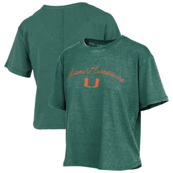 Women's Pressbox  Green Miami Hurricanes Vintage Waist Length Script Over Logo T-Shirt