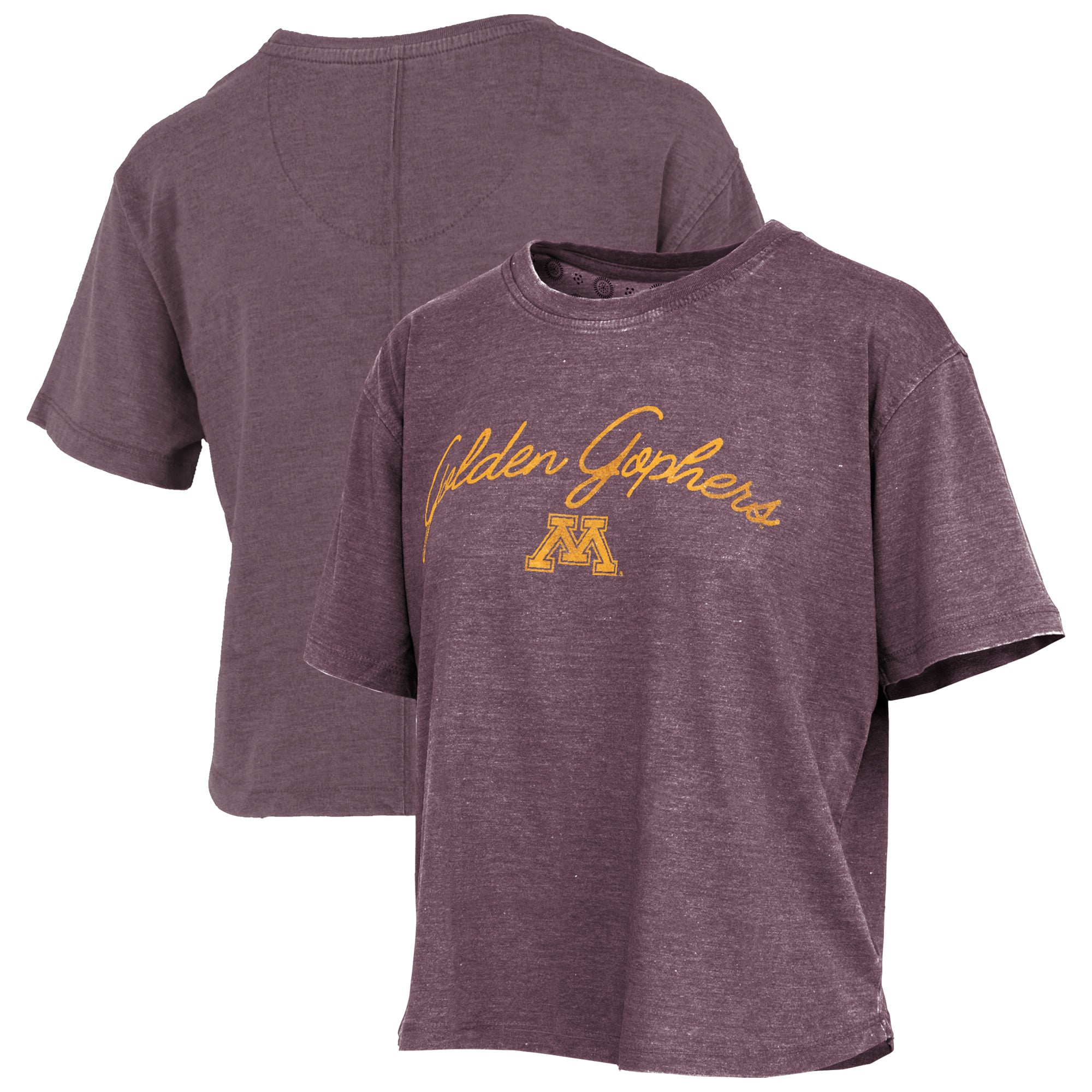 Women's Pressbox  Maroon Minnesota Golden Gophers Vintage Waist Length Script Over Logo T-Shirt