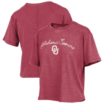 Women's Pressbox  Crimson Oklahoma Sooners Vintage Waist Length Script Over Logo T-Shirt