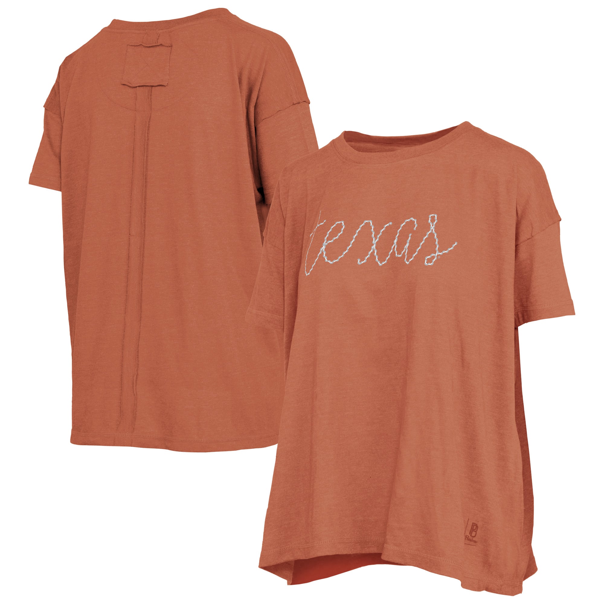Women's Pressbox  Heather Texas Orange Texas Longhorns Swirl Script Twisted Team Color Stitched Oversized T-Shirt