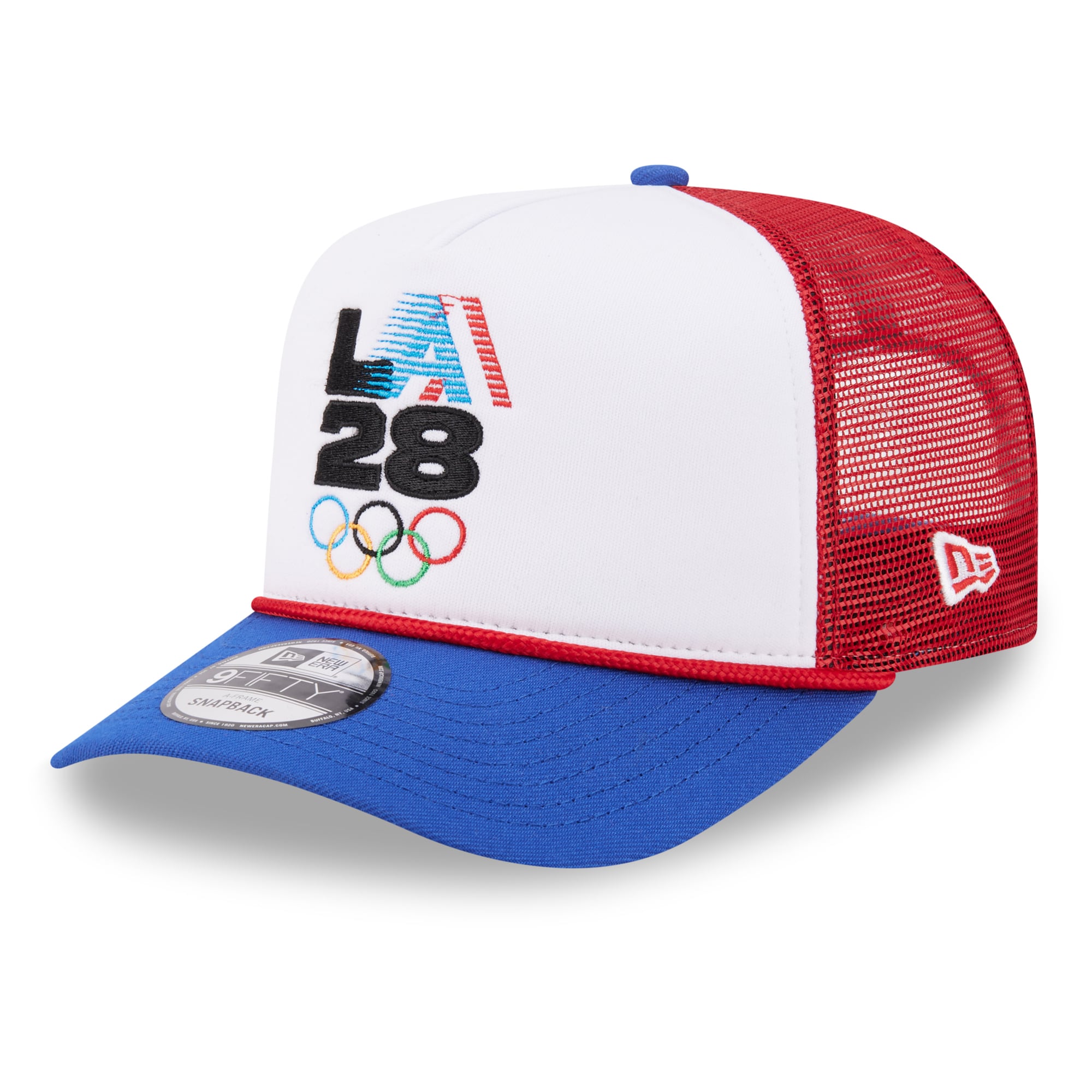 Men's New Era White/Red LA28 Summer Olympics Retro Stripe Rope A-Frame 9FIFTY Trucker Snapback Hat