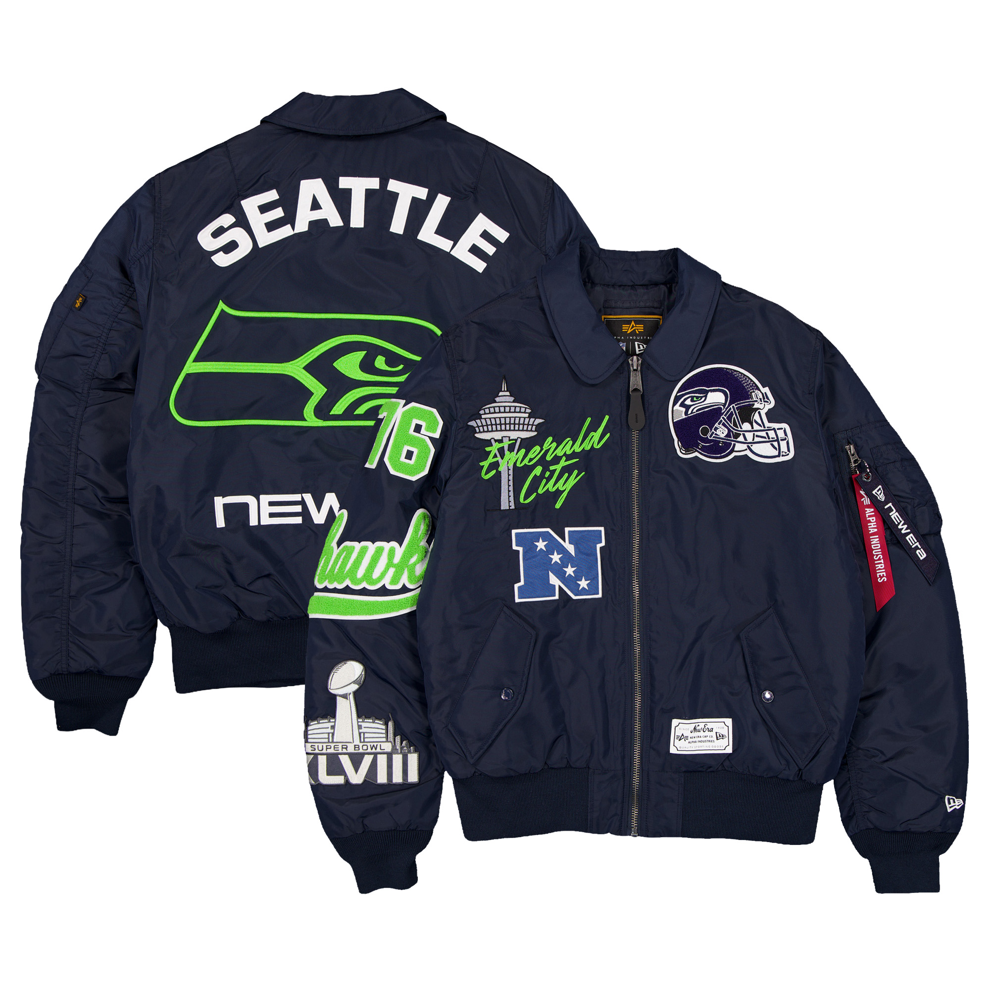 Men's New Era x Alpha Industries College Navy Seattle Seahawks MA-1 Full-Zip Bomber Jacket