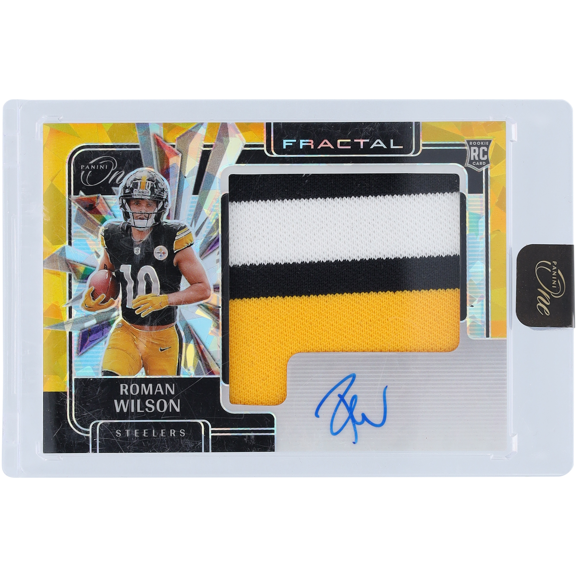 Roman Wilson Pittsburgh Steelers Autographed 2024 Panini One Gold FOTL Rookie Fractal Patch Tri-Color Relic #412 #19/25 Rookie Card Roman Wilson Pittsburgh Steelers Autographed 2024 Panini One Gold FOTL Rookie Fractal Patch Tri-Color Relic #412 #19/25 Rookie Card