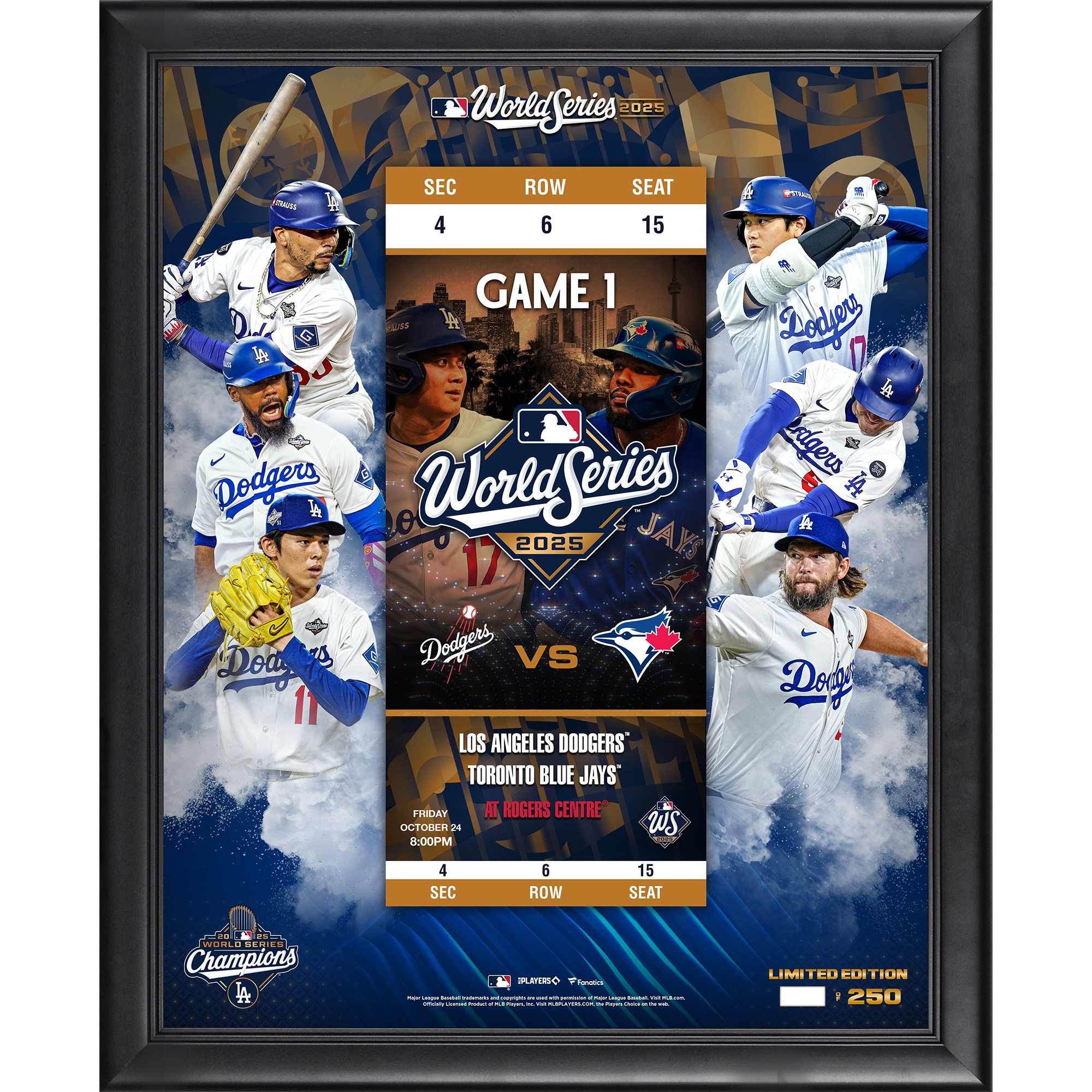 Los Angeles Dodgers 2025 World Series Champions Framed Floating Replica Ticket Collage – Limited Edition of 250 Los Angeles Dodgers 2025 World Series Champions Framed Floating Replica Ticket Collage – Limited Edition of 250