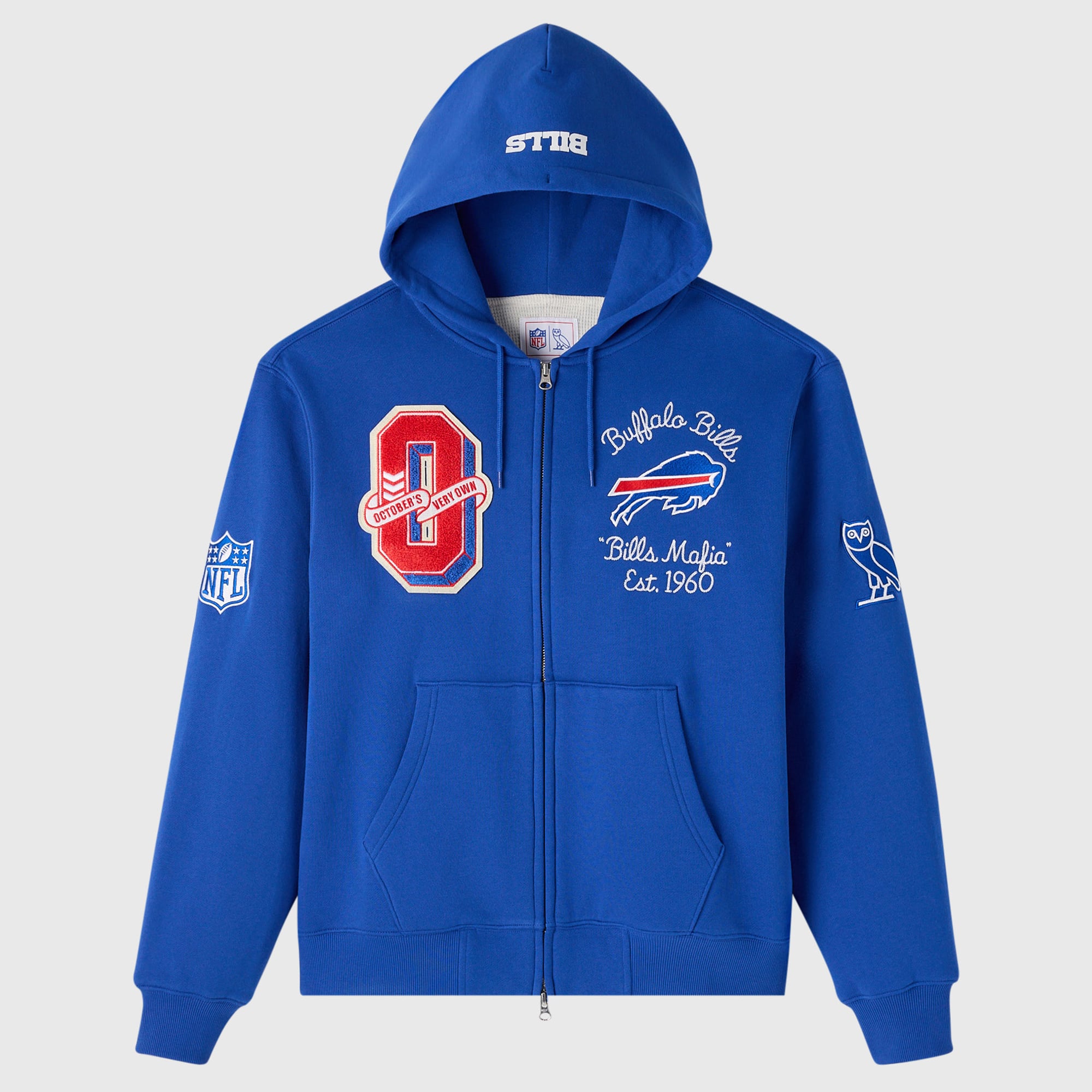 Sudadera con capucha unisex OVO x NFL Royal Buffalo Bills con cremallera completa y forro de gofre.