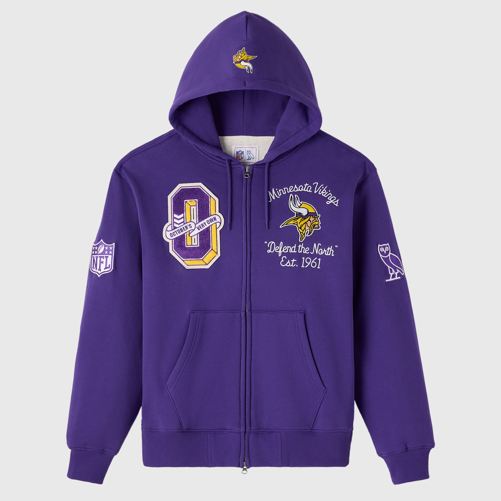 Sudadera con capucha unisex OVO x NFL Purple Minnesota Vikings con cremallera completa y forro tipo gofre.