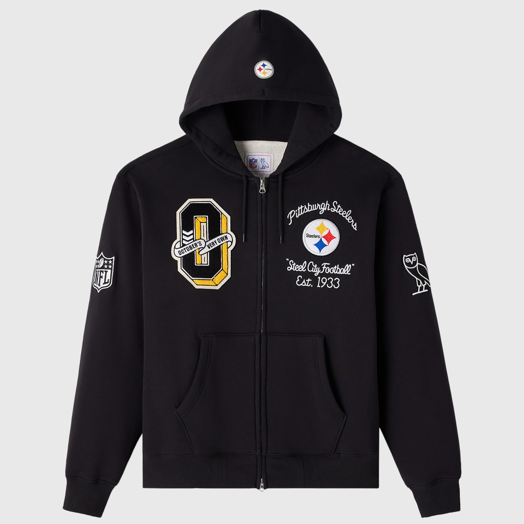 Sudadera con capucha unisex OVO x NFL negra con cremallera completa y forro de gofre de los Pittsburgh Steelers