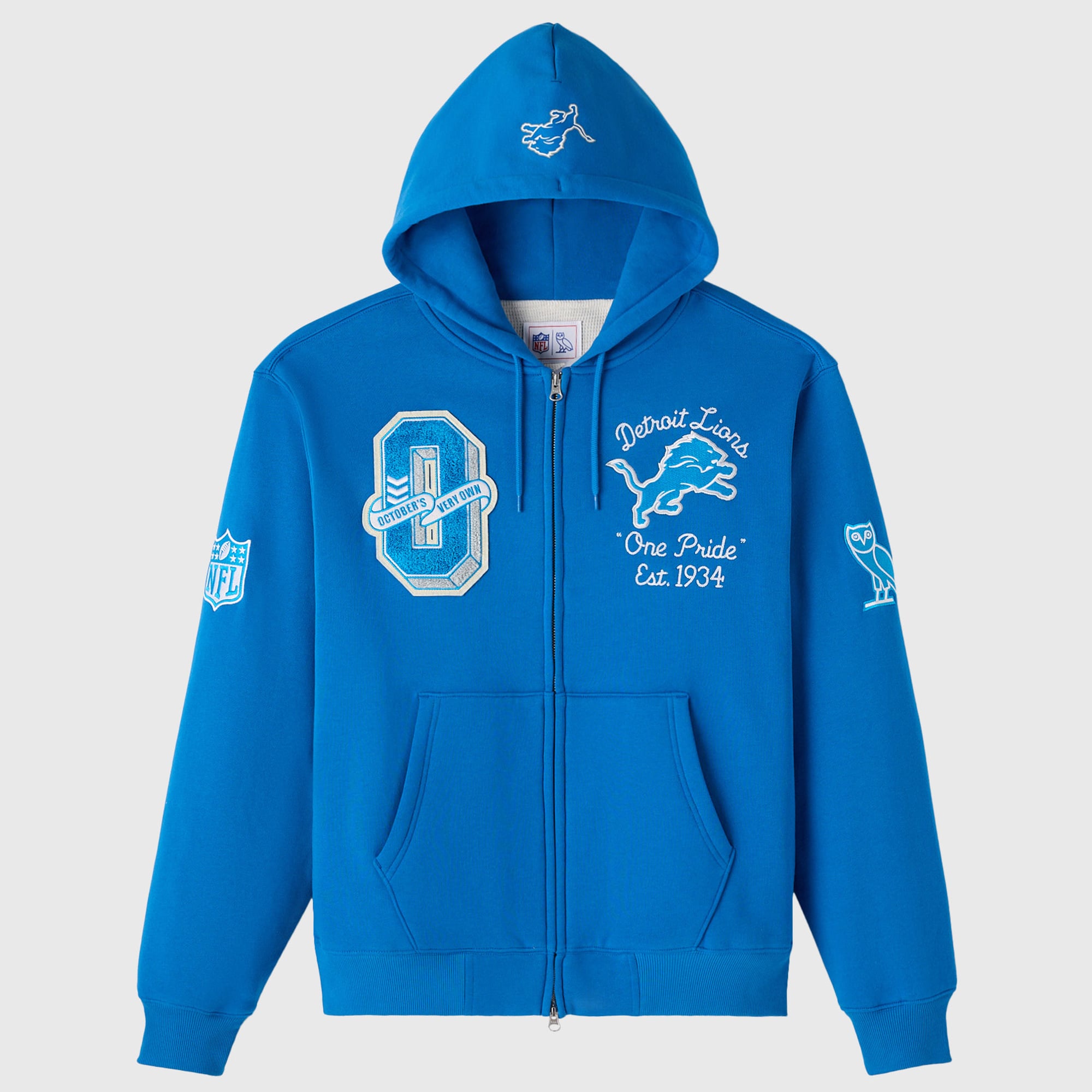 Sudadera con capucha unisex OVO x NFL azul Detroit Lions con cremallera completa y forro de gofre.