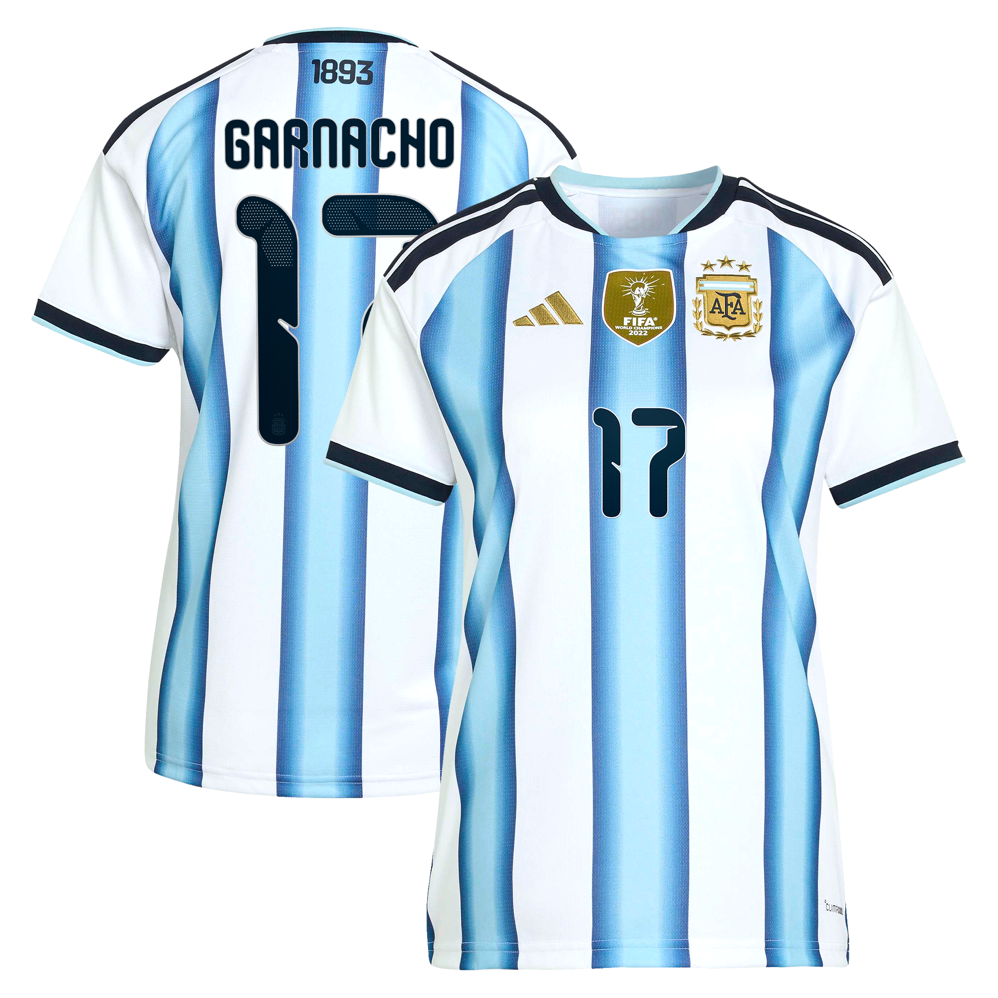 Argentina adidas Home Shirt 2026 - Womens with Garnacho 17 printing: retailer-supplied image