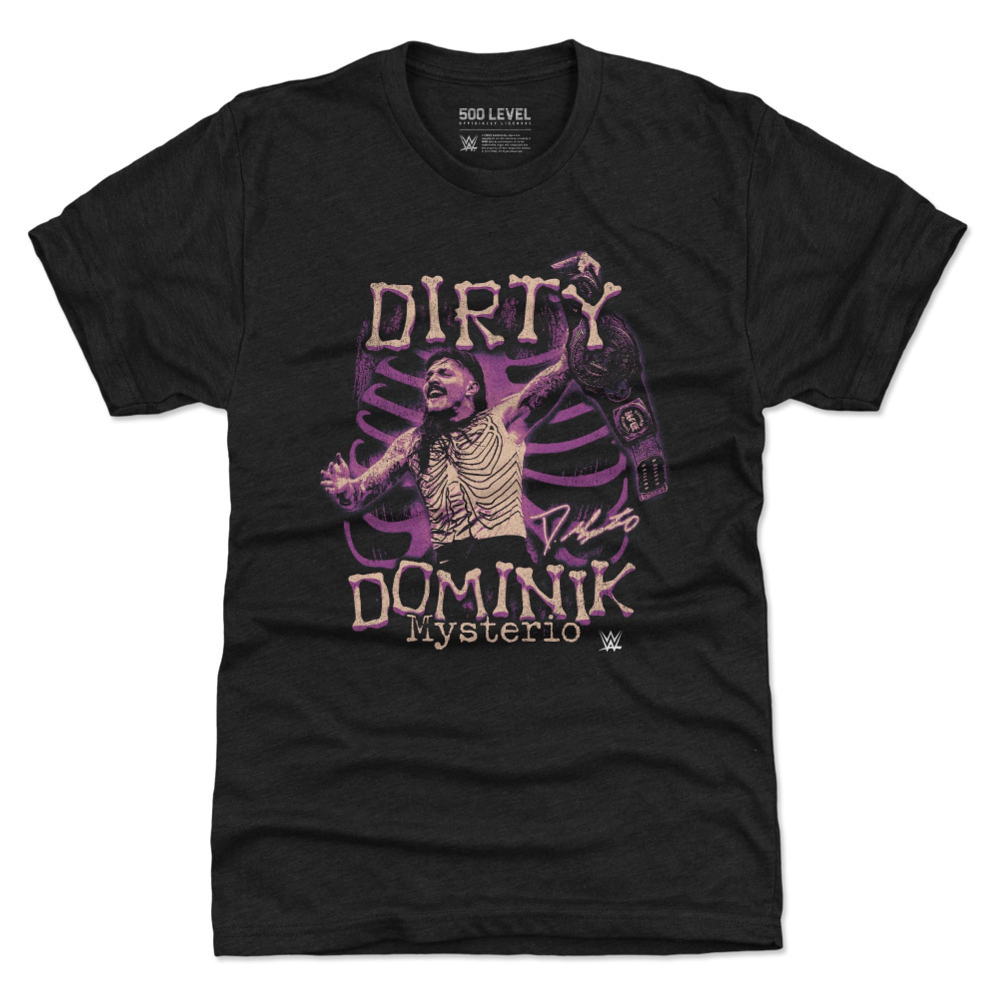 Men's 500 Level Heather Black Dominik Mysterio Champion Grunge Premium Tri-Blend T-Shirt