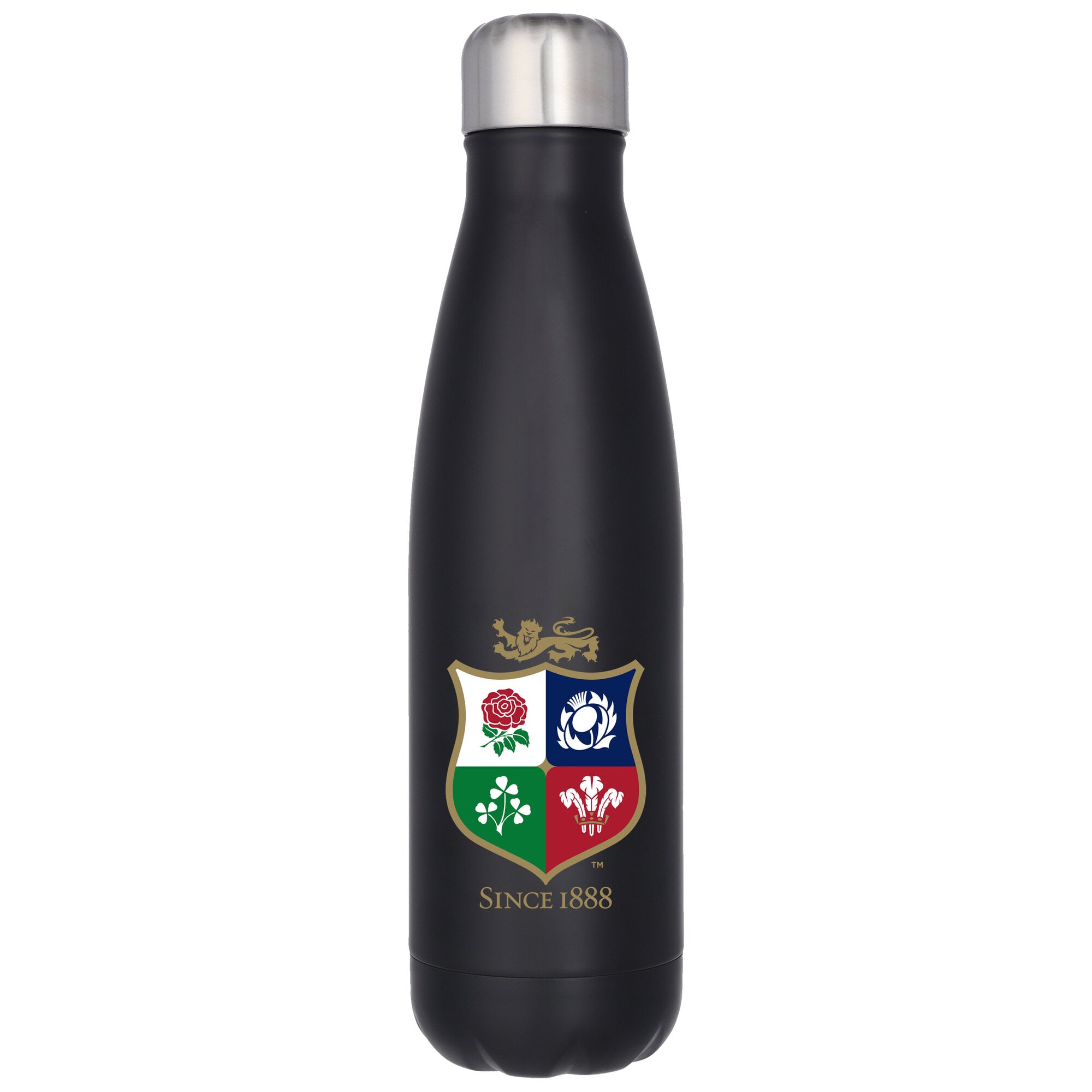 British & Irish Lions Stainless Steel Drink Bottle - 500ml - Black: retailer-supplied image