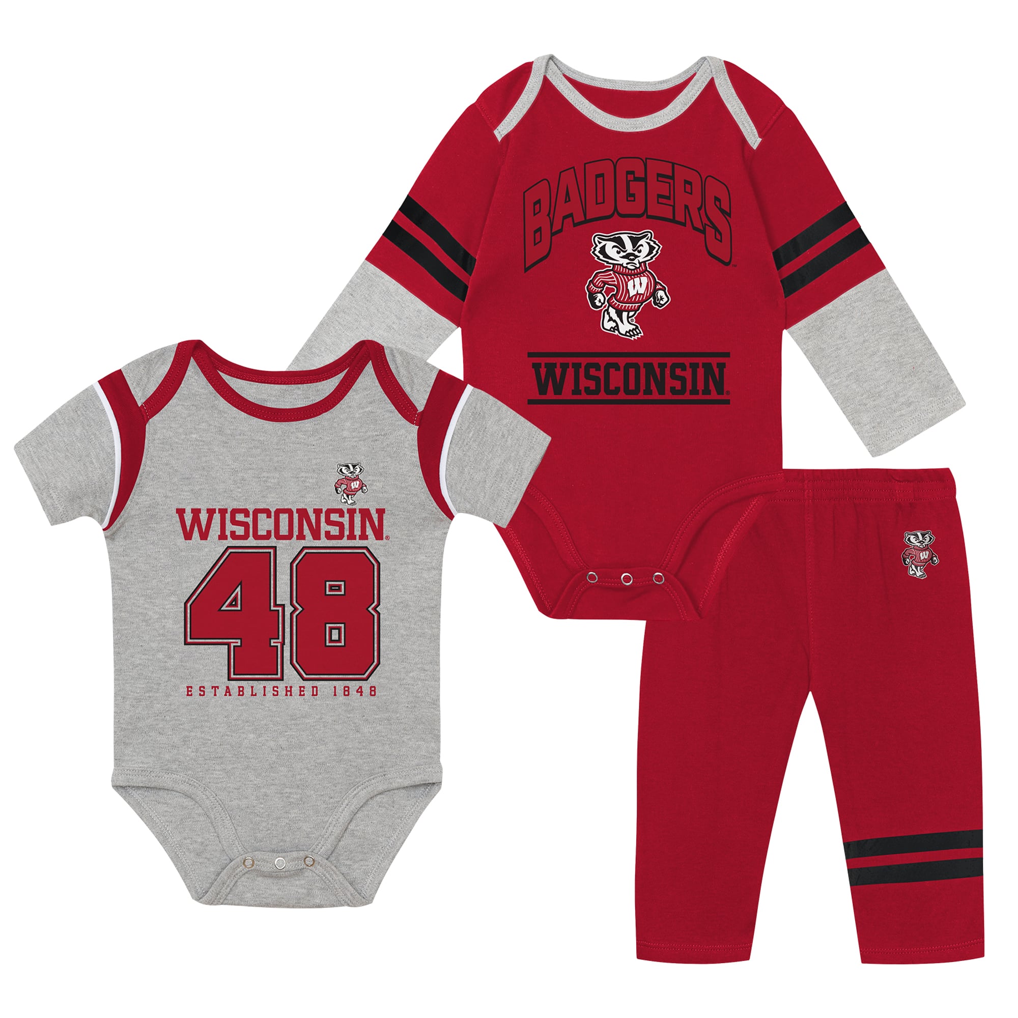 Infant Outerstuff Wisconsin Badgers Double Up Three-Piece Bodysuits & Pants Set