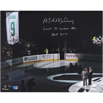 Mike Modano Dallas Stars Autographed 16" x 20" Jersey Retirement Night Photograph with Multiple Inscriptions - Limited Edition of 10