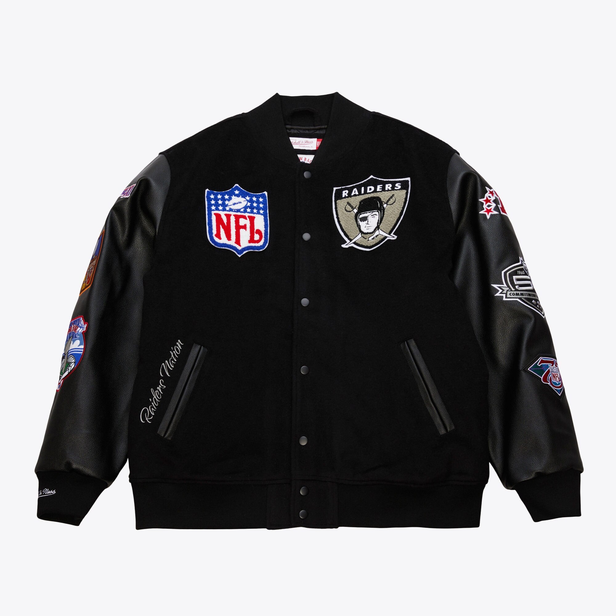 Giacca in raso pesante con logo vintage Mitchell & Ness degli Oakland Raiders - Uomo
