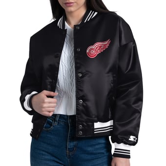 Women's Starter  Black Detroit Red Wings Arch Stripe Satin Full-Snap Varsity Jacket