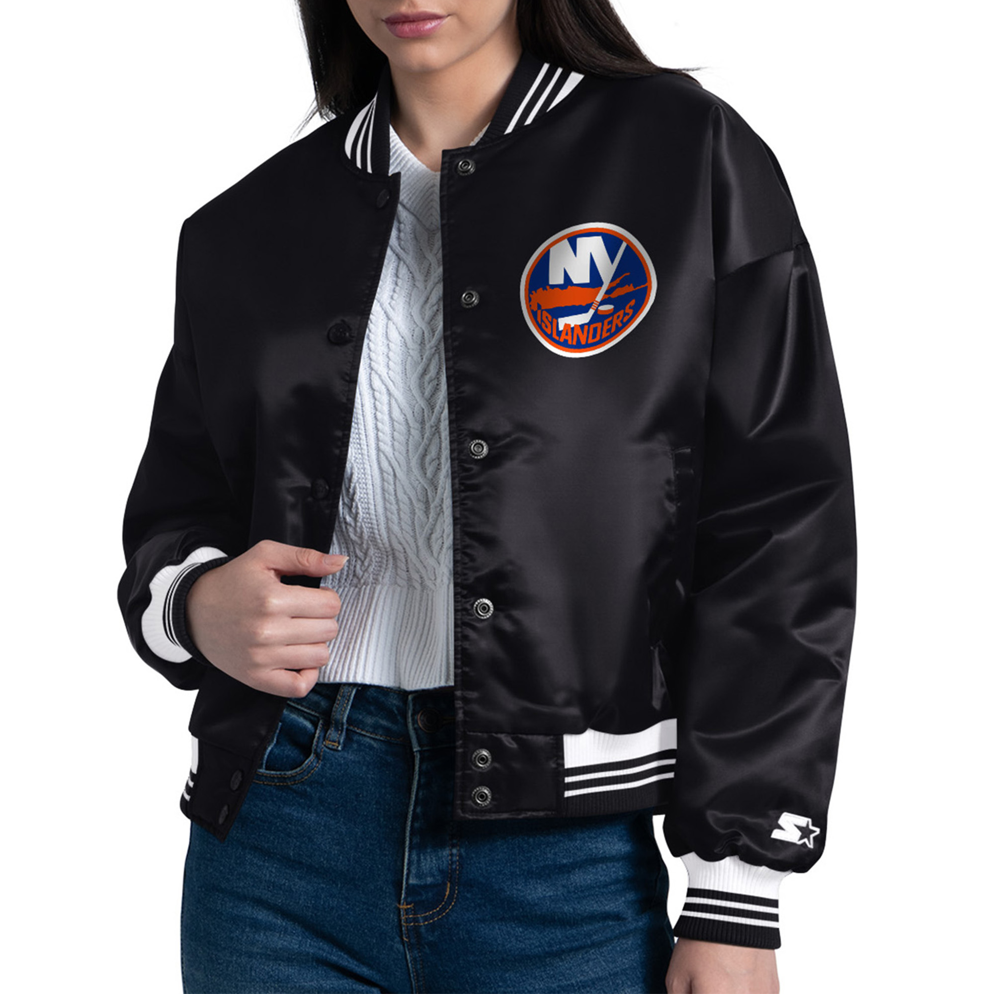 Women's Starter  Black New York Islanders Arch Stripe Satin Full-Snap Varsity Jacket