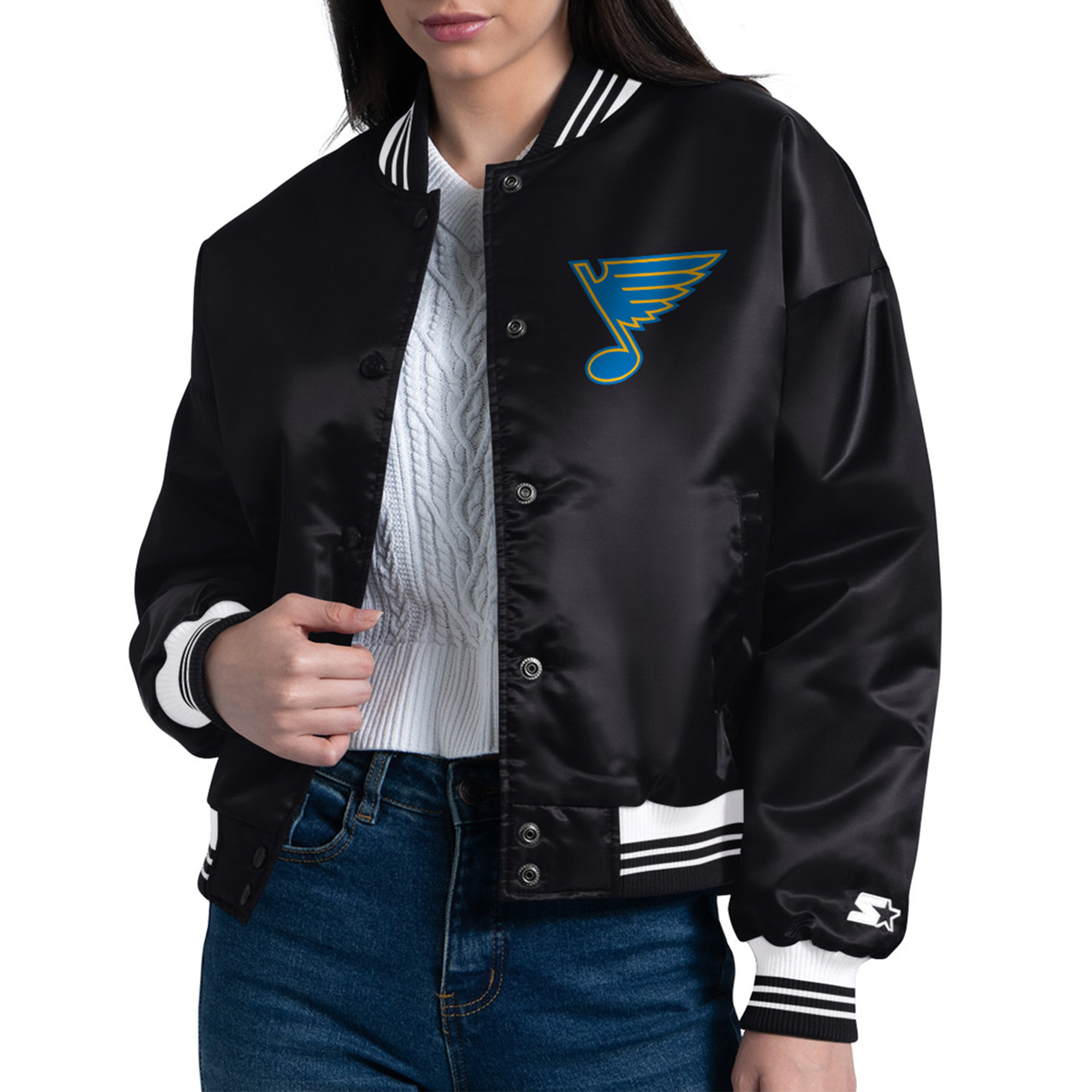 Women's Starter  Black St. Louis Blues Arch Stripe Satin Full-Snap Varsity Jacket