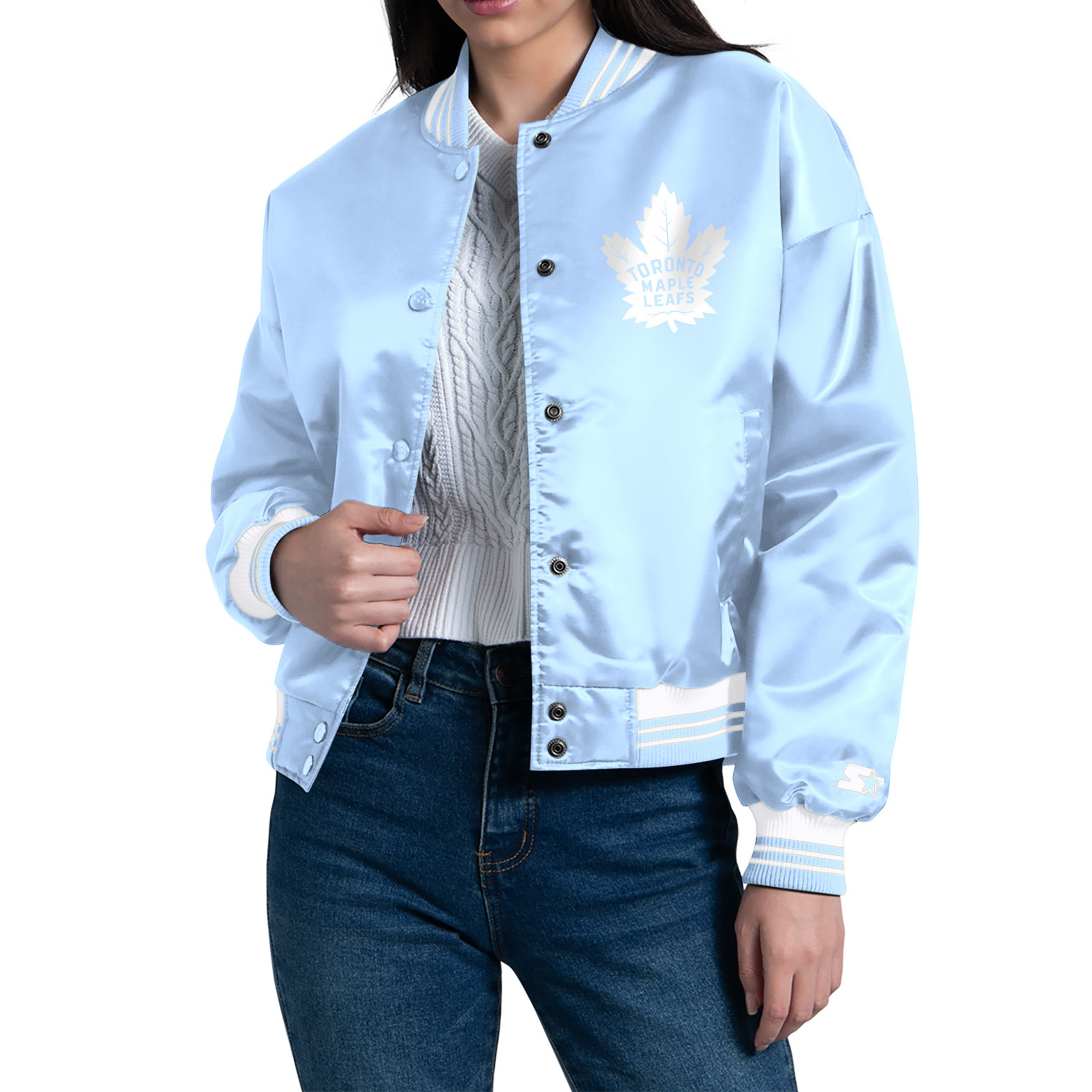 Women’s Starter Blue Toronto Maple Leafs Fashion Script Satin Full-Snap Varsity Jacket Women’s Starter Blue Toronto Maple Leafs Fashion Script Satin Full-Snap Varsity Jacket