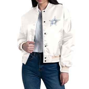 Women's Starter Cream Dallas Stars Fashion Script Satin Full-Snap Varsity Jacket