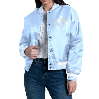 Women's Starter Blue Edmonton Oilers Fashion Script Satin Full-Snap Varsity Jacket
