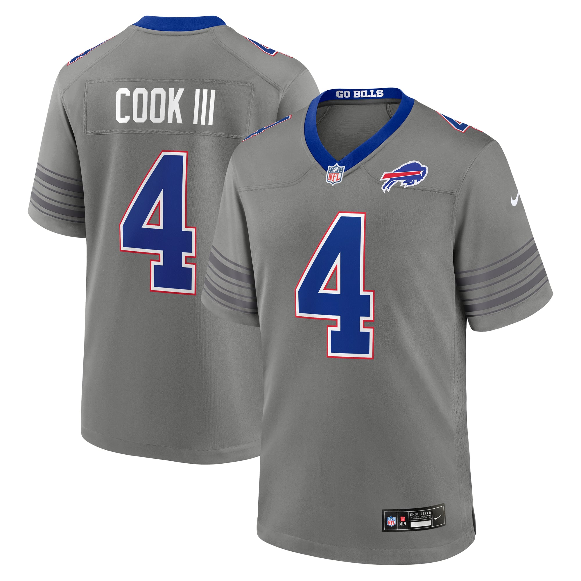 Maglia da gioco Nike James Cook III grigia dei Buffalo Bills Nickel City da uomo